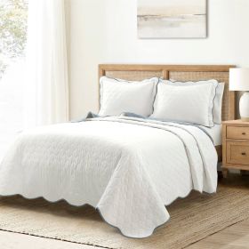 White Blue Scalloped Edge Reversible Thin Light Quilt Set (size: Full/Queen)