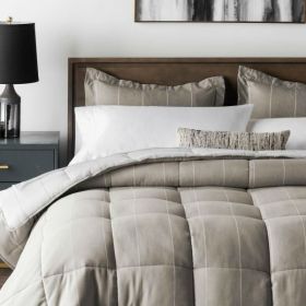 3 Piece Down Alternative Pin Striped Comforter Set Birch (Color: Chambray, size: Queen)