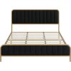 Gold Metal Platform Bed Frame with Black Velvet Upholstered Headboard