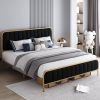 Gold Metal Platform Bed Frame with Black Velvet Upholstered Headboard