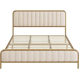 Gold Metal Platform Bed Frame with Off-White Upholstered Headboard (size: Queen)