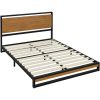 Modern Metal Platform Bed Frame with Solid Brown Wood Slatted Headboard