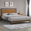Modern Metal Platform Bed Frame with Solid Brown Wood Slatted Headboard