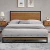 Modern Metal Platform Bed Frame with Solid Brown Wood Slatted Headboard