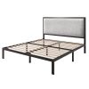 Black Metal Platform Bed Frame with Tall Grey Linen Upholstered Headboard