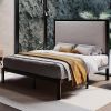 Black Metal Platform Bed Frame with Tall Grey Linen Upholstered Headboard