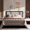 Black Metal Platform Bed Frame with Tall Grey Linen Upholstered Headboard