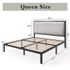 Black Metal Platform Bed Frame with Tall Grey Linen Upholstered Headboard