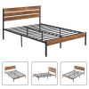 Industrial Platform Bed Frame with Brown Wood Slatted Headboard Footboard