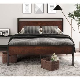 Metal Platform Bed Frame with Mahogany Wood Panel Headboard Footboard (size: Queen)
