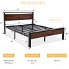 Metal Platform Bed Frame with Mahogany Wood Panel Headboard Footboard
