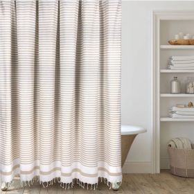 72-inch Striped Cotton Shower Curtain with Boho Farmhouse Tassels (Color: White/Beige)