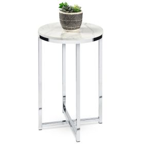 Round Cross Leg Design Coffee Side Table Nightstand with Faux Marble Top (Color: White/Chrome)