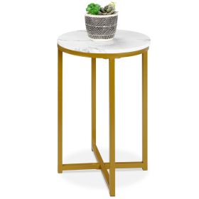 Round Cross Leg Design Coffee Side Table Nightstand with Faux Marble Top (Color: White/Gold)