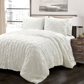 Soft Pleated Cotton 3 Piece Comforter Set (Color: White, size: Full/Queen)