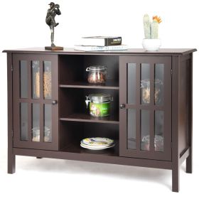 Wood Sofa Table Console Cabinet with Tempered Glass Panel Doors (Color: Brown)