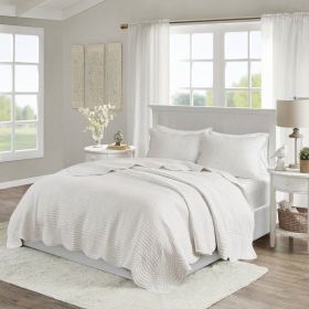 Reversible Scalloped Edges Microfiber Quilt Set (Color: White, size: King)