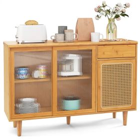 Natural Bamboo Sideboard Cabinet With Rattan Door, Sliding Door & Pull-Out Drawer, 5-Leg Rubber Wood Base (Option: defaulttitle)