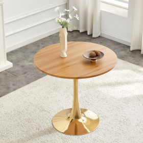Round Dining Table, 31.5in Circle Tulip Table With Thickened Tabletop & Metal Pedestal, Mid Century Modern Bistro Table For Kitchen, Small Places (Option: Gold Wood)