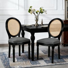 French Country Dining Chairs Set Of 2, Upholstered Chairs With Rattan Round Back, For Living Room, Kitchen , Restaurant Use, Black Solid Wood  Fr (Option: Dark Gray)