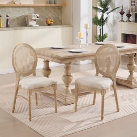 French Country Dining Chairs Set Of 2, Upholstered  Chairs With Nature Rattan Round Back, Wire Drawing And Carving Techniques ,Disassemblable And (Option: beige)