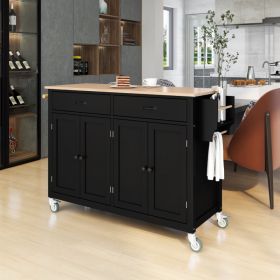 Kitchen Island Cart With Solid Wood Top And Locking Wheels,54.3 Inch Width,4 Door Cabinet And Two Drawers,Spice Rack, Towel Rack  Black (Option: Black)