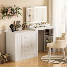 White 59" Makeup Vanity Desk with Lighted Mirror, 3 Drawers and 2 Storage Cabinets with Adjustable Shelves (Color: White)