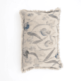 Linen Printed Lumbar Pillow with Blue & Grey Fringe (Color: Blue)