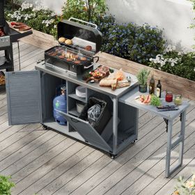 K&K 78.3  Outdoor Kitchen Island With Foldable Grill Table, Wooden Outdoor Grill Cart With Trash Can Storage & Stainless Steel Top, Outdoor Bar C (Option: Grey Blue)