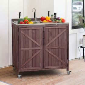 K&K 39.4  Outdoor Kitchen Island With Sink, Outdoor Kitchen Sink Station W 304 Stainless Steel Sink, Hose Hook Up & Faucet, Outdoor Kitchen Cabin (Option: Dark Brown)