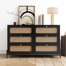 Modern Rattan Wood Closet 6-Drawer Dresser Wood Storage Cabinet Sideboard (Color: Black)