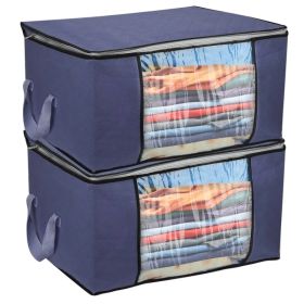 2Pcs Clothes Storage Bag 90L Large Capacity Foldable Closet Organizer W/ Thick Fabric Clear Window Dual-Zipper (Option: NavyBlue)
