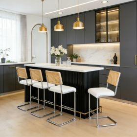 Natural Rattan Bar Stool 4-piece Set With Solid Wood Backrest 25 Inches Medieval Modern Style Counter Stool White PU Leather Kitchen Stool Chrome (Option: White)