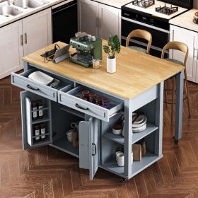 K&K 47 Inch Kitchen Island With Extendable Dining Table, Rubber Wood Veneer Kitchen Table With Internal Storage Rack, Power Outlet, Kitchen Islan (Option: Grey Blue)