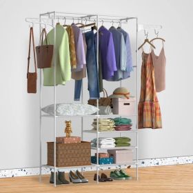 Metal Garment Rack Shoe Clothing Organizer Shelves Freestanding Multifunctional Clothes Wardrobe (Option: White)