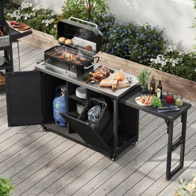 K&K 78.3  Outdoor Kitchen Island With Foldable Grill Table, Wooden Outdoor Grill Cart With Trash Can Storage & Stainless Steel Top, Outdoor Bar C (Option: Black)