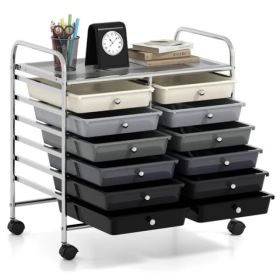 12-Drawer Rolling Storage Cart - 2-Row 10-Storey, Multicolor Drawers, 4 Wheels (2 Brake), -Gray (Option: defaulttitle)