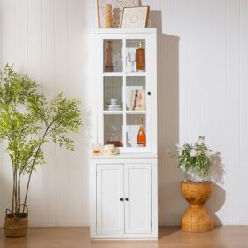75.25  Tall Freestanding Pantry Cabinet With Glass Door & Lattice Window, Farmhouse Display Cabinets With Storage, Hutch With Double-Action LH&RH (Option: White)