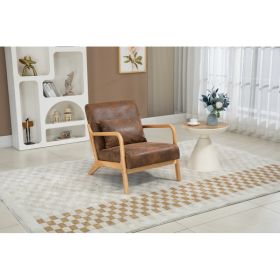 Mid Century Modern Accent Chair With Wood Frame, Upholstered Living Room Chairs With Waist Cushion, Reading Armchair For Bedroom Sunroom (Option: Brown)