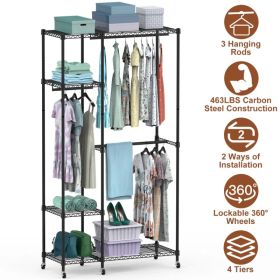 4 Tier Heavy Duty Garment Rack With Wheels Carbon Steel Clothing Rack Portable Wardrobe Clothes Rack With 3 Hanging Rods 6 Footrests 44.9x17.13x7 (Option: Black)