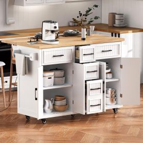 K&K 56.5  Kitchen Island With Drop Leaf, Power Outlet, Embossed Vertical Stripe Rolling Kitchen Cart On Wheels With 4 Doors , 5 Deep Drawers And (Option: White)