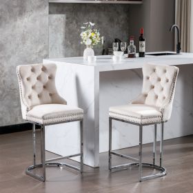 26 Counter Height Bar Stools Set Of 2, Modern Velvet Barstools With Button Back & Rivets (Option: beige)