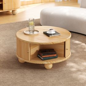 Round Fluted Coffee Table With Storage, Pine Solid Wood, Sliding Door, Natural, 31.8 (Option: Natural)