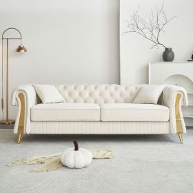 89''W Chesterfield Modern Tufted Velvet Sofa with Two Seat Cushions and Two Toss Pillows (Color: Beige)