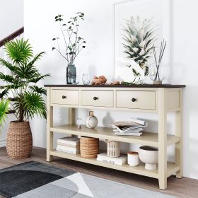 Retro Design Console Table with Two Open Shelves, Pine Solid Wood Frame (Color: Beige)