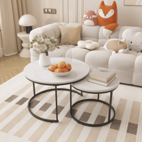 Nesting Coffee Table Set of 2, 27.6" Round Coffee Table Industrial Wood Finish with Sturdy Metal Frame (Material: Wood+Metal, Color: White)
