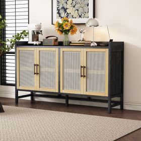 Sideboard with Stylish Cane Desigh and Adjustable Shelves (Material: MDF, Color: Black+Natural)