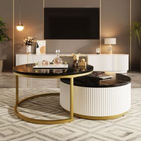 Modern Round Nesting Coffee Table Fluted with Drawer in 31.5'' (Material: MDF, Color: Golden Black)