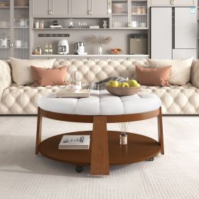 Modern Large Round Upholstered Round Coffee Table/Ottoman with Storage Shelf (Material: Rubber Wood, Color: Ivory White)