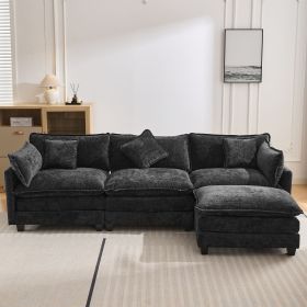L-Shape Chenille Upholstered Sofa with Ottoman and 5 Matching Pillows (Material: Foam, Color: Black)